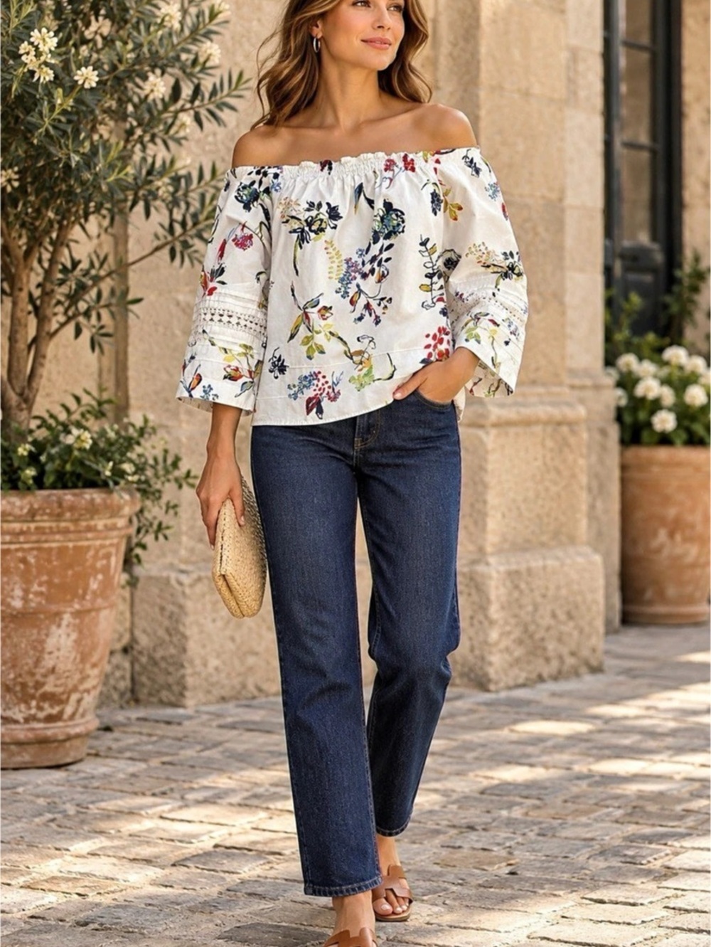 Tanya Taylor Floral Off-Shoulder Blouse in White Size Medium Like New